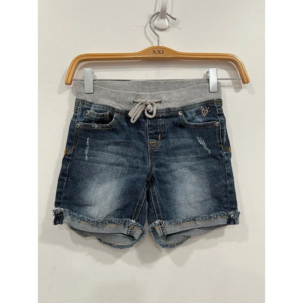 Justice Girls Blue Denim Knit Waist Distressed Cutoff Jean Shorts Size 10 S